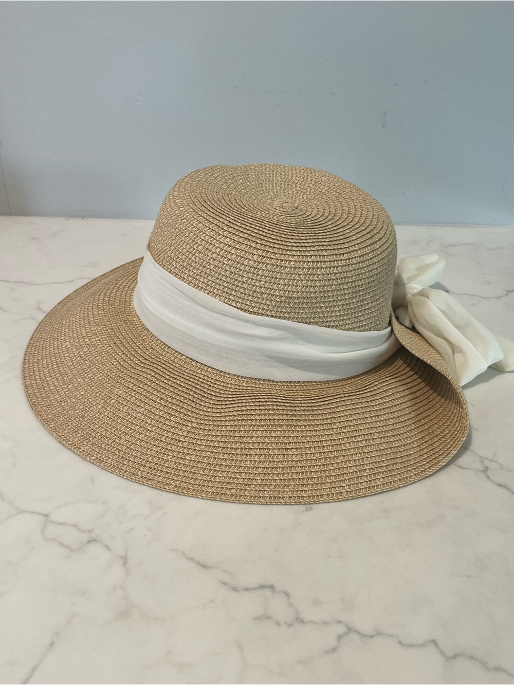 Nine West Beige Straw Sun Hat with White Bow Band